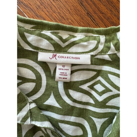 Linen Shirt 12 Green White Geometric Print Button-Up By JM Collection - Picture 6 of 9